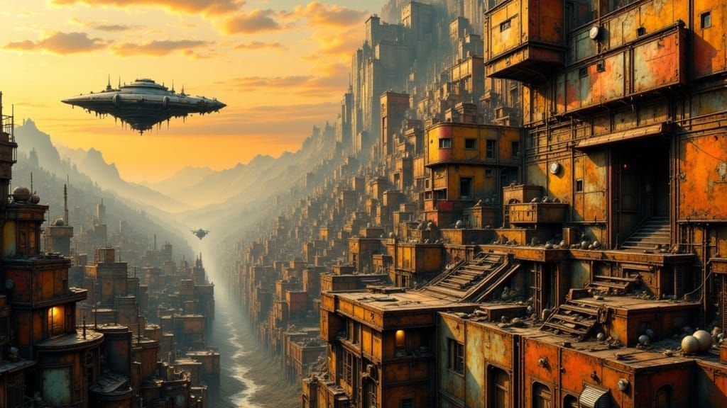 Cyberpunk City Sunset Panorama with Hovering Spaceship