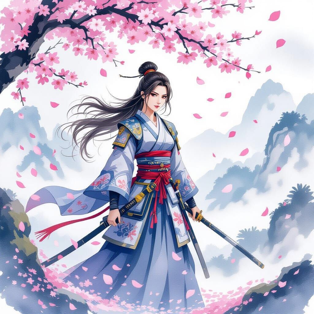 Stoic Samurai Warrior Under Cherry Blossoms in Watercolor St...