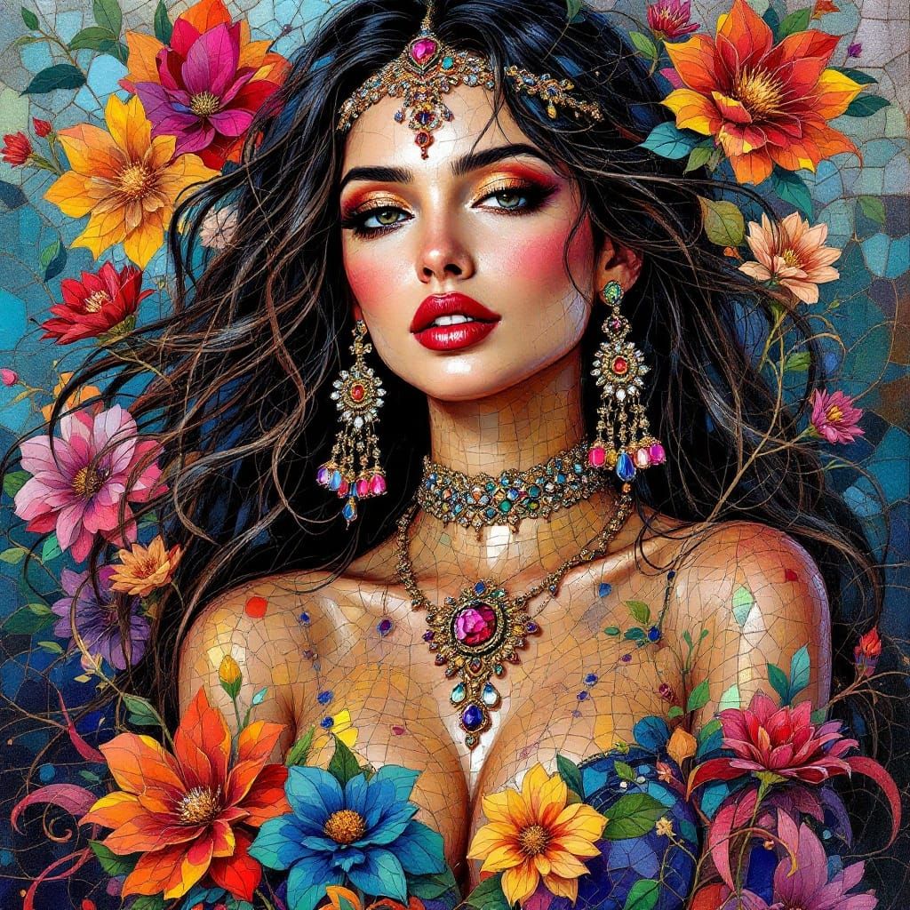 Modern Art Gypsy Woman in Oil and Glass Mosaic