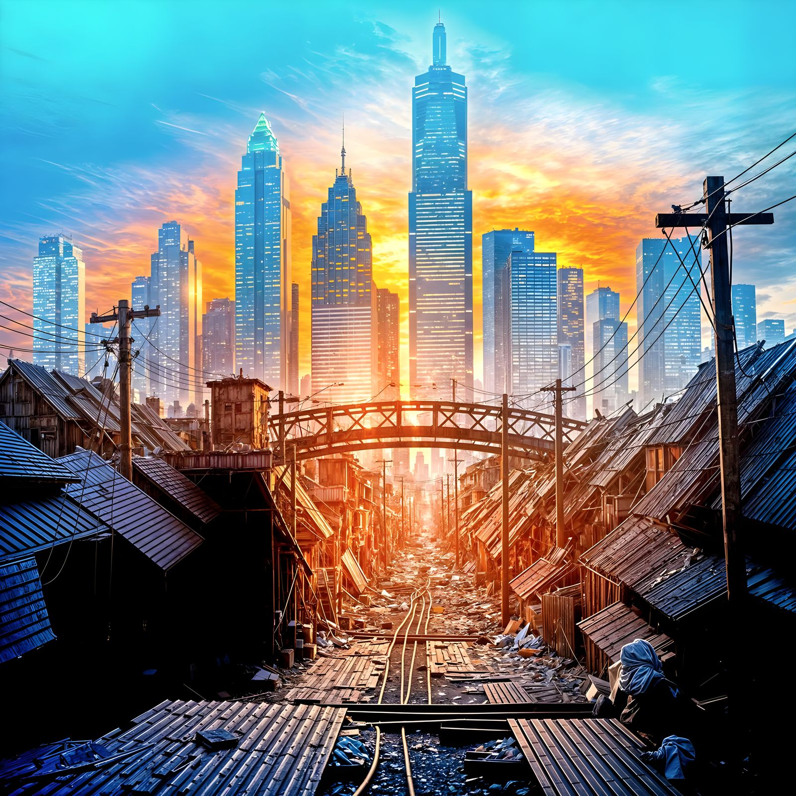 Urban Juxtaposition: Metropolis and Slum in Golden Hour