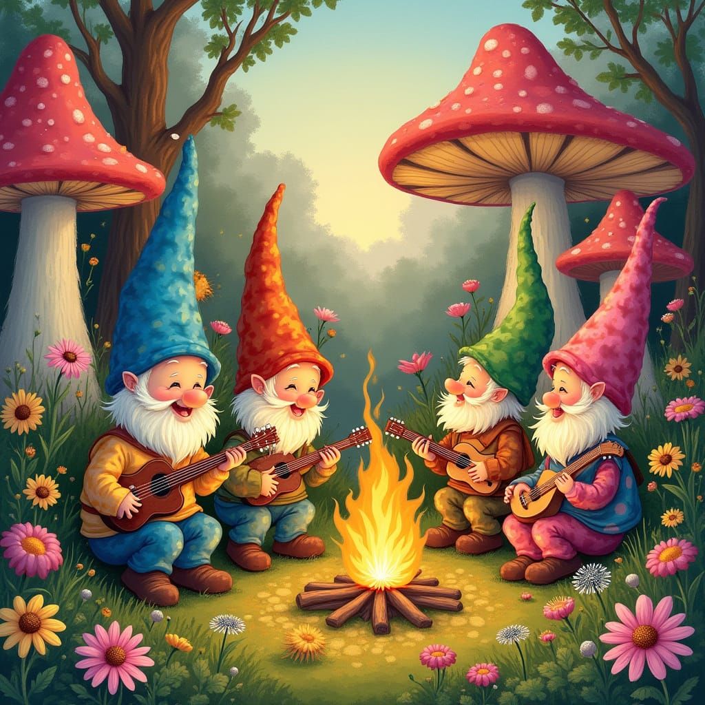 Psychedelic Gnome Village at Sunrise: A Digital Illustration