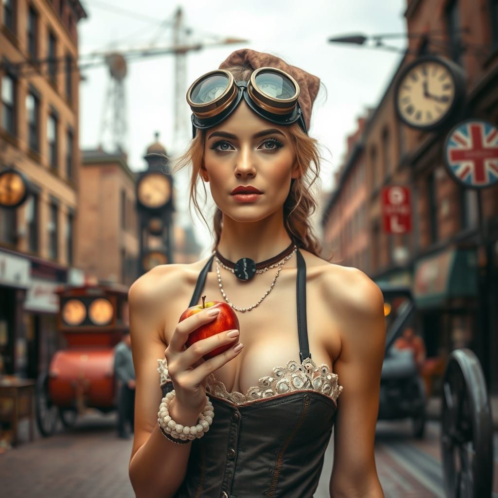 Steampunk Woman with Apple in Candy-Colored Cityscape