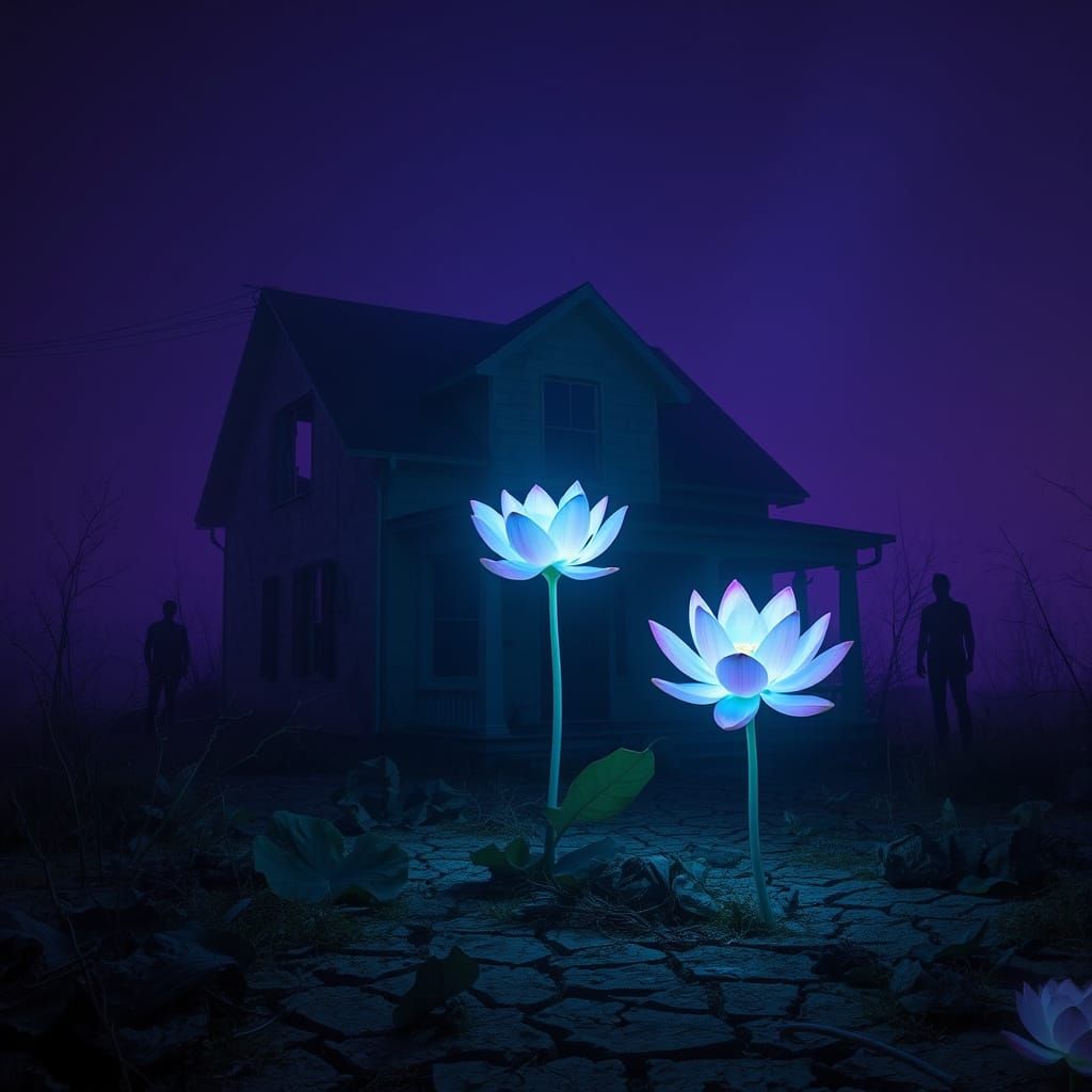 Abandoned House in a Futuristic, Neon-Lit Landscape