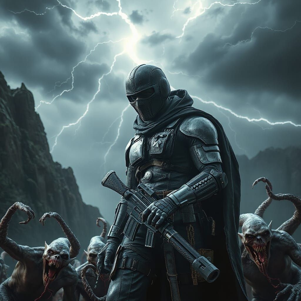 Gritty Warrior Battles Demons in Dark, Industrial Landscape