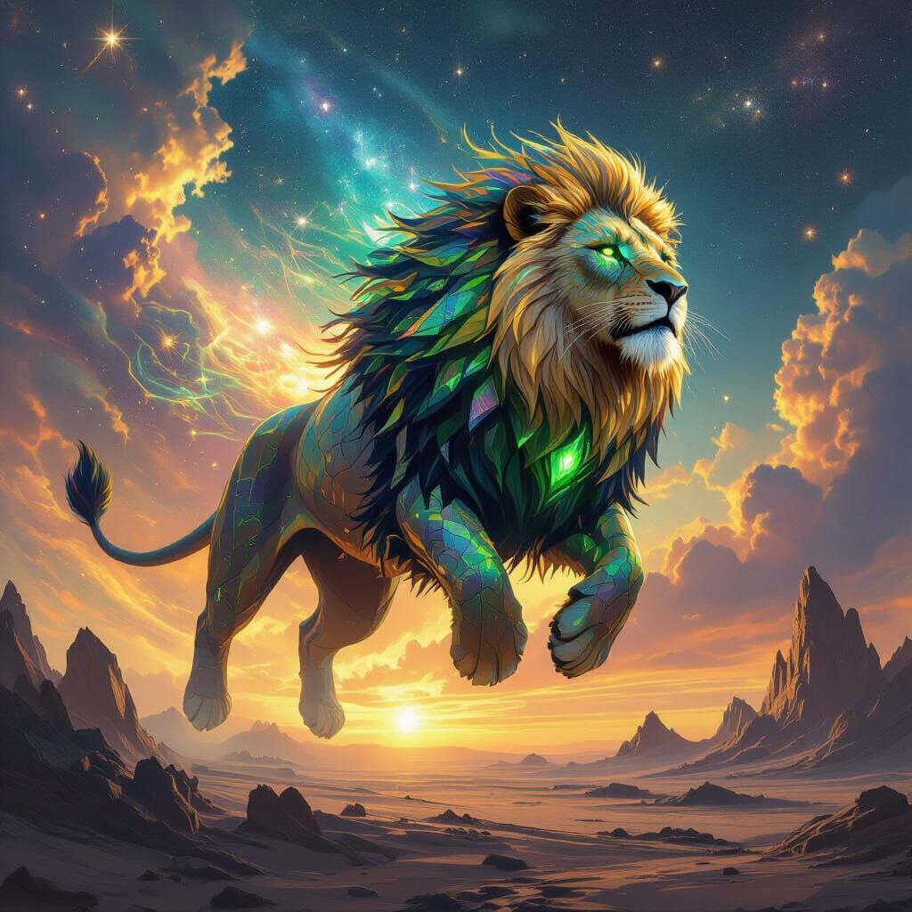 Iridescent Lion Soaring Through Starry Galaxy