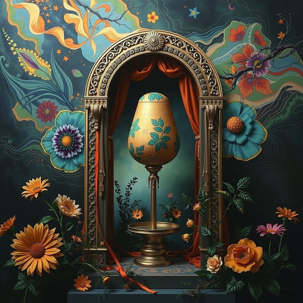 Vibrant Psychedelic Garden with Cosmic Mystery and Golden Ac...