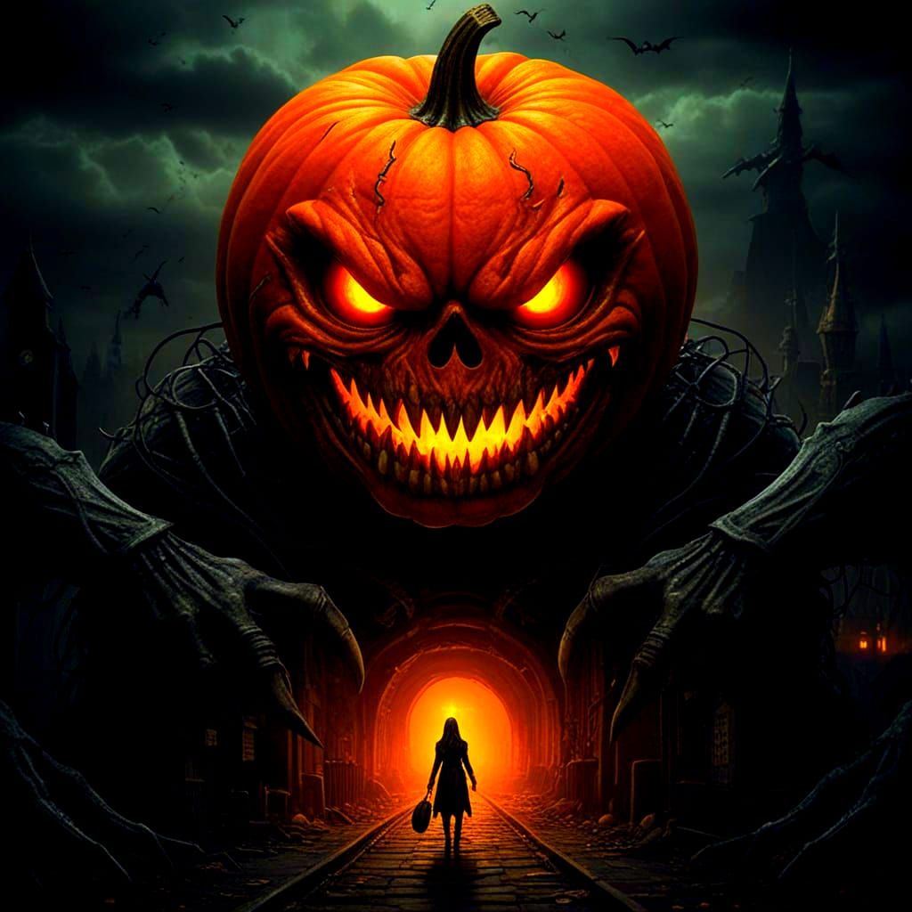 Demonic Pumpkin Monster Overtakes Town in Gothic Horror Styl...