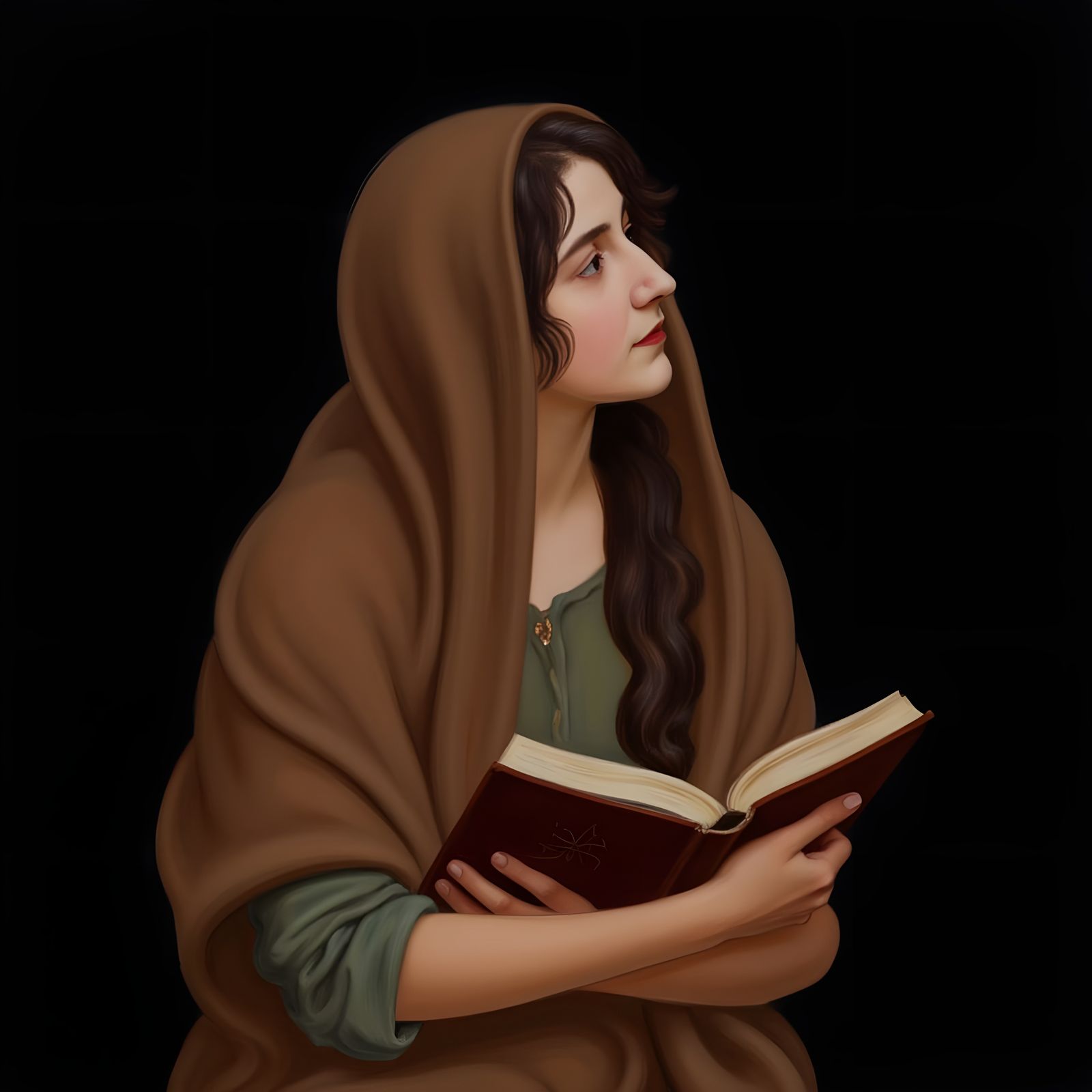 Woman Reading Book in Profile, Soft Symbolism Style