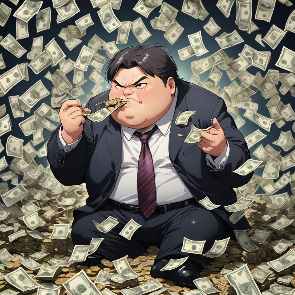 Fat Businessman Eating Money: Cel-Shaded Anime Art