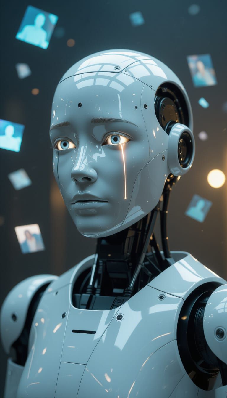 Robot's Glowing Tear in Cinematic Realism Style