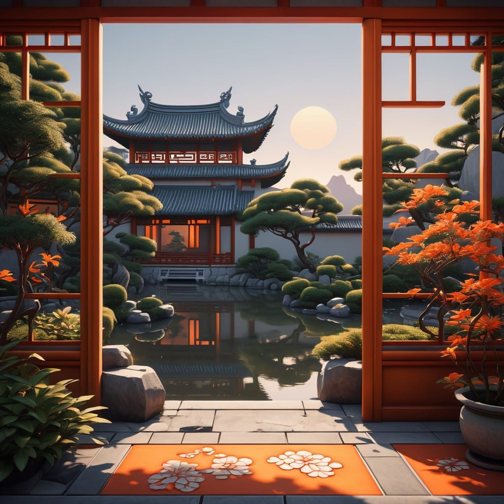 Anime Chinese Garden Sunset with Moon Window