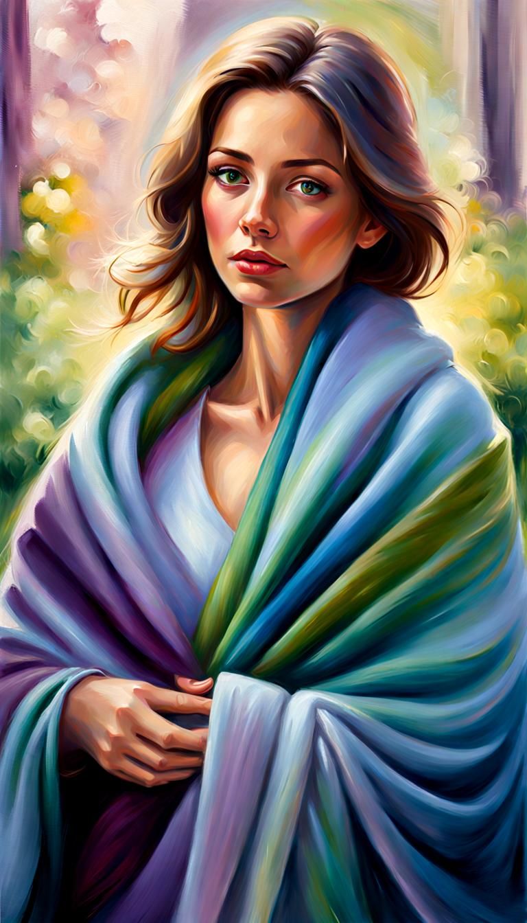 Woman in Blanket: Impressionist Oil Painting