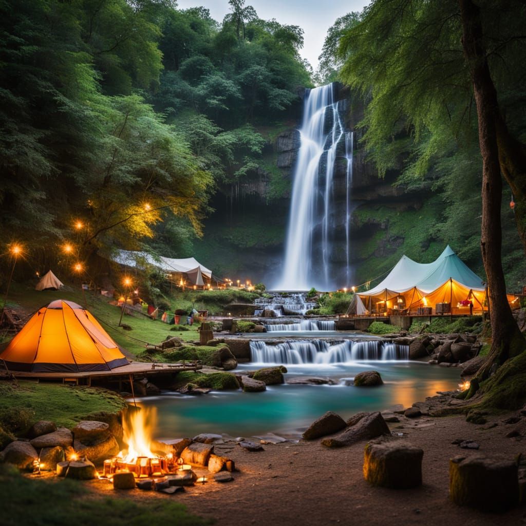 Romantic Waterfall Camp in Dreamy Glow