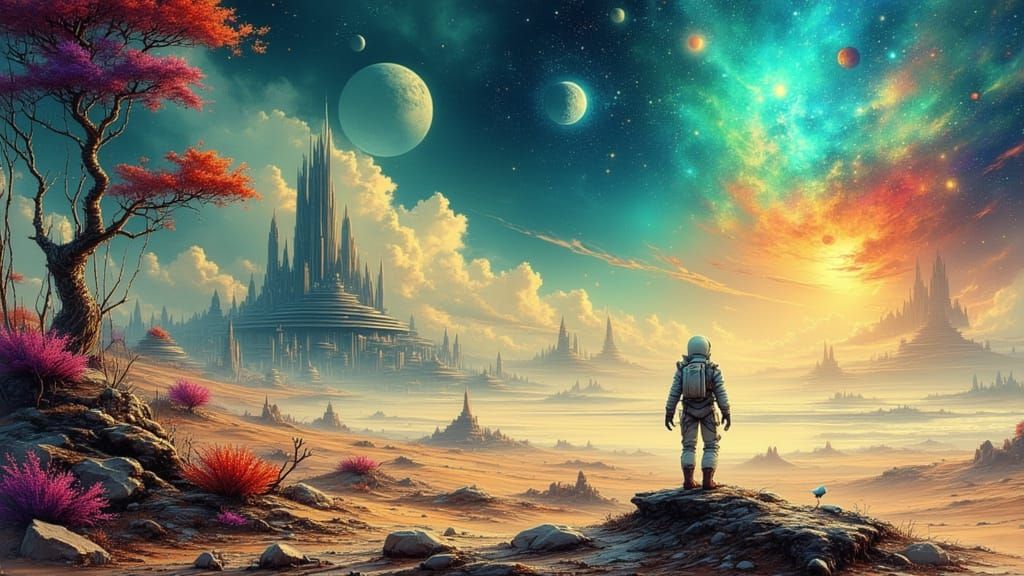 Astronaut and Alien Gaze at Spaceship City