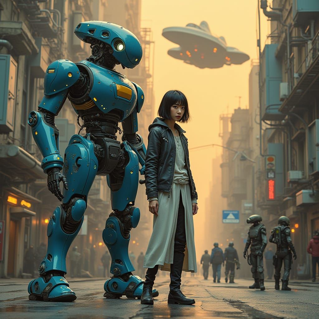 Asian Futurist Warrior Stands Guard Beside Majestic Blue and...