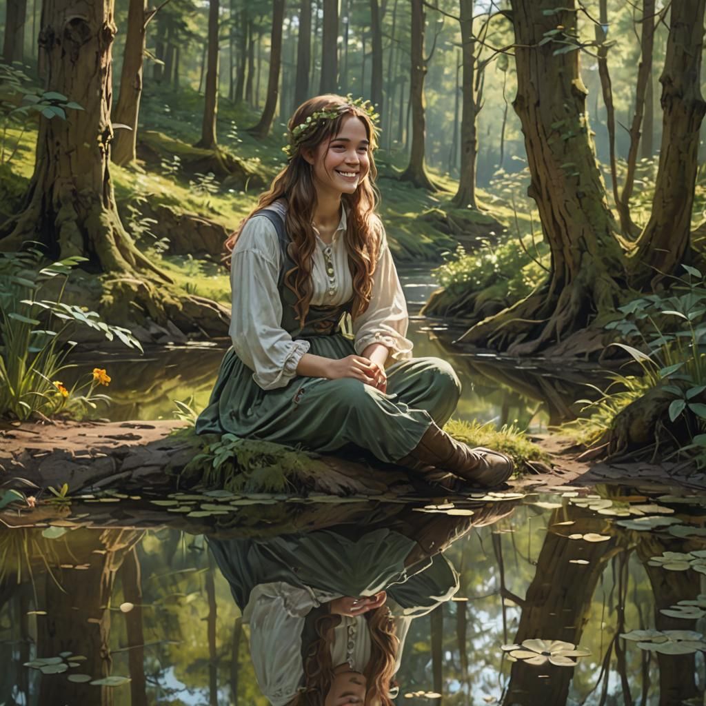 Maiden Reflecting by Forest Pond