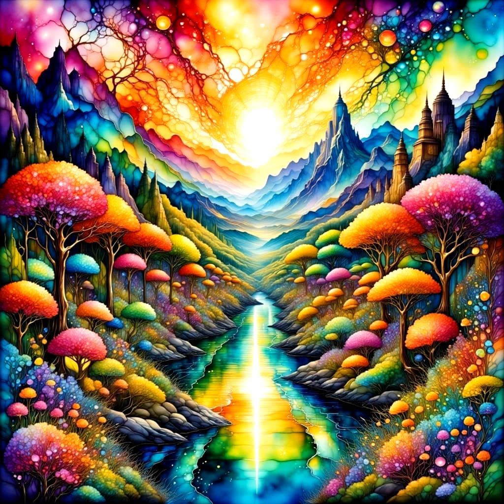 Vibrant Fantasy Realm with Rainbow Blooms and Temple River