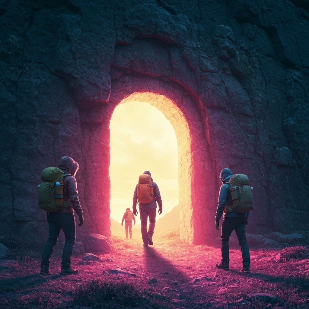 Hikers Enter Glowing Portal to Surreal Landscape