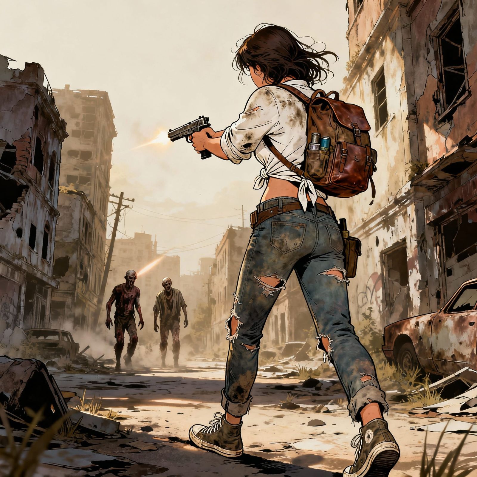 Female Wasteland Dweller Shoots Zombies in Comic Illustratio...