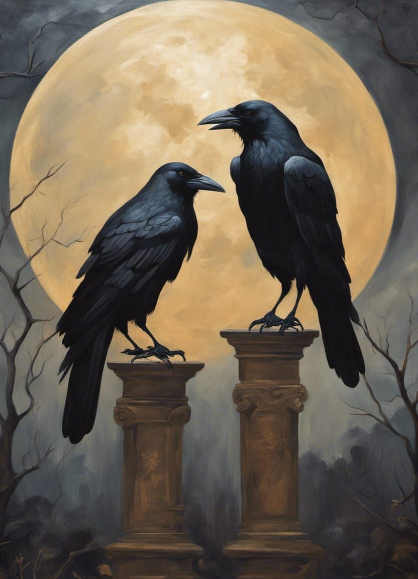 Raven and Crow Love in Neoclassical Style
