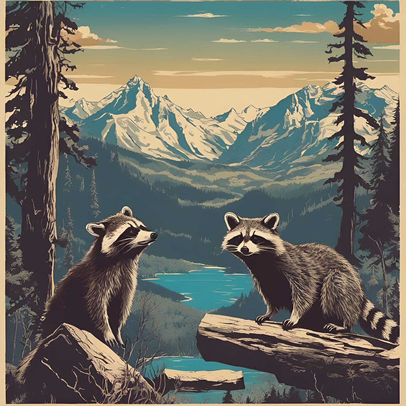 Vintage National Park Poster with Raccoons
