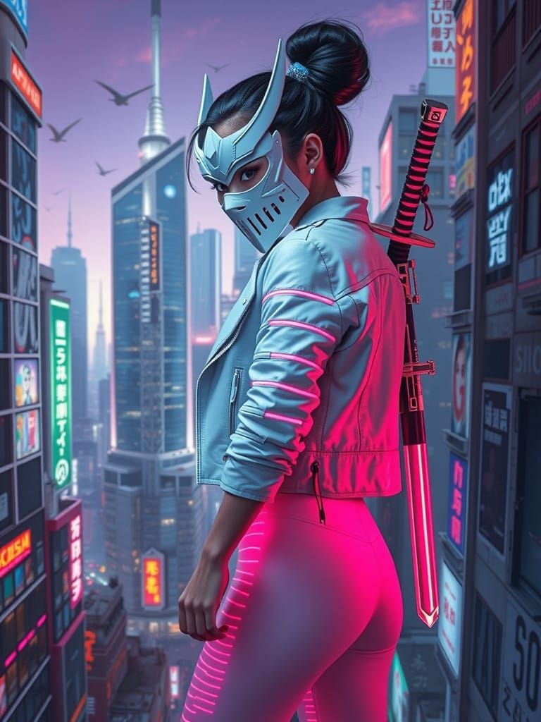 Cyberpunk Korean Heroine in Neon Cityscape