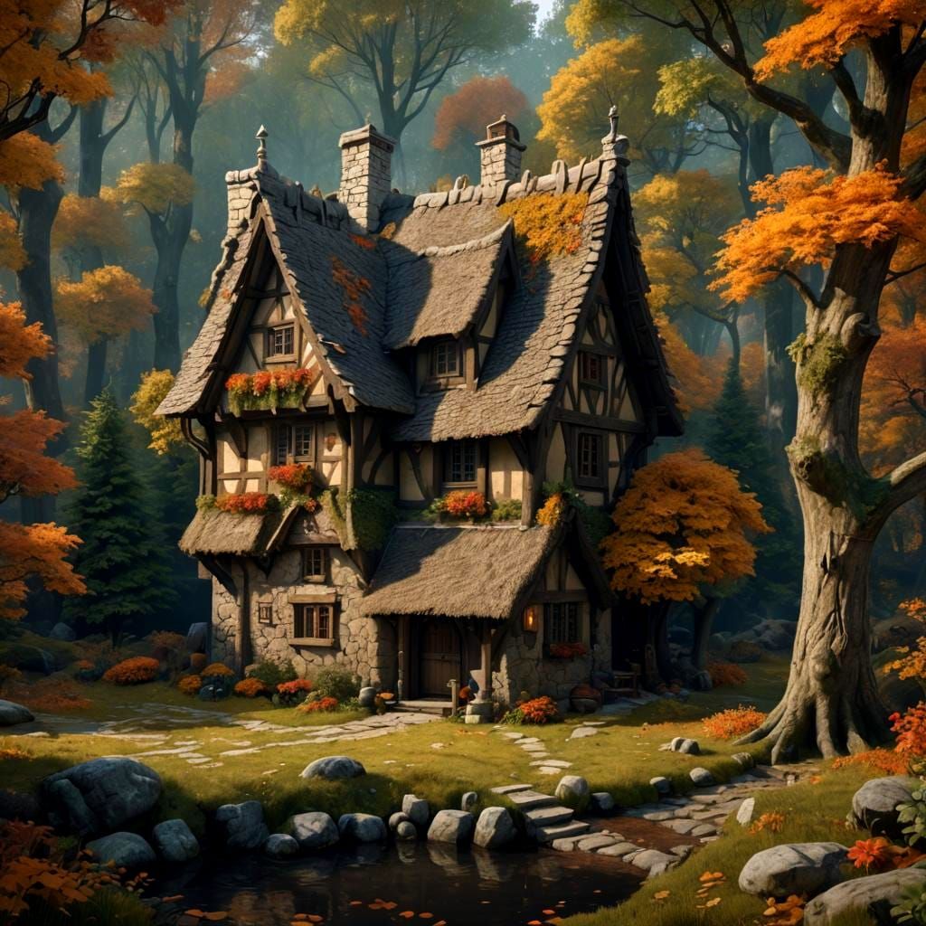 Medieval Cottage in Autumn Woods: Fantasy Art