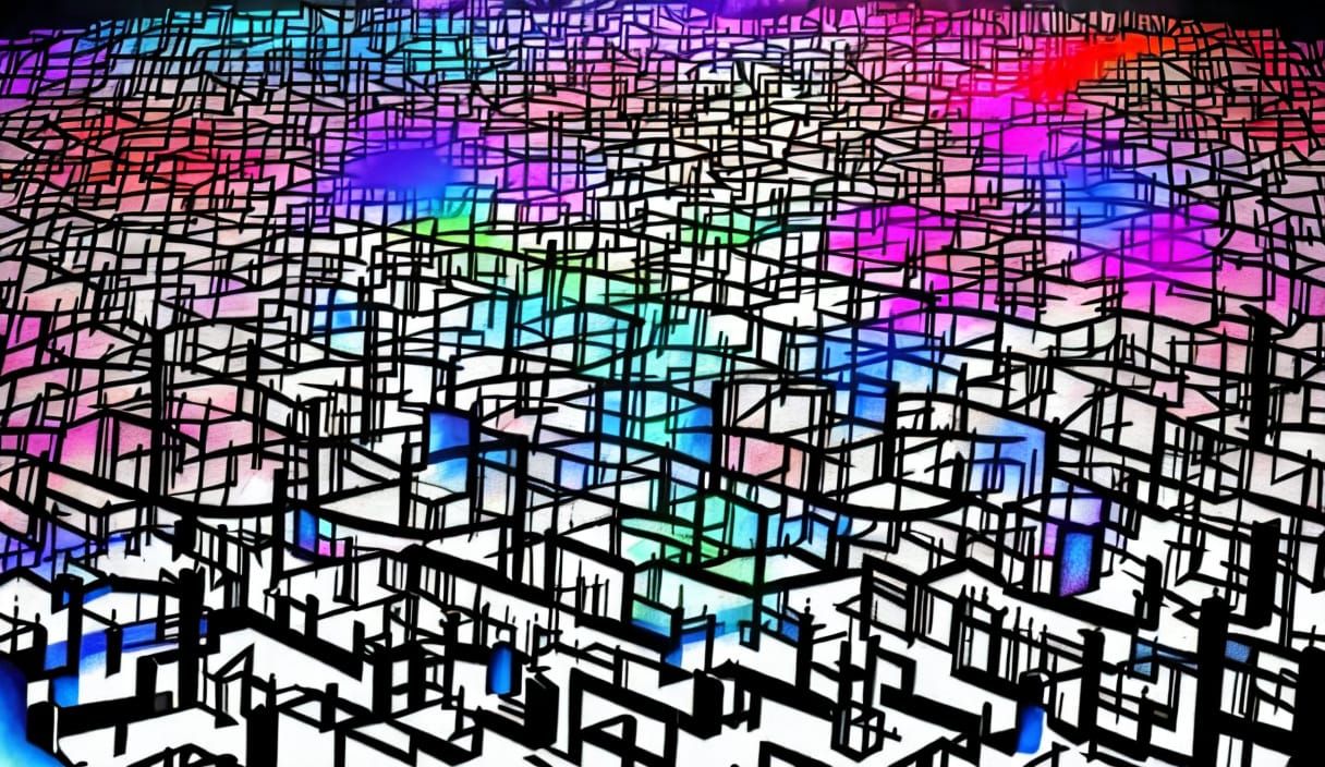 Burning Hedge Maze in Cityscape Colorfield Painting