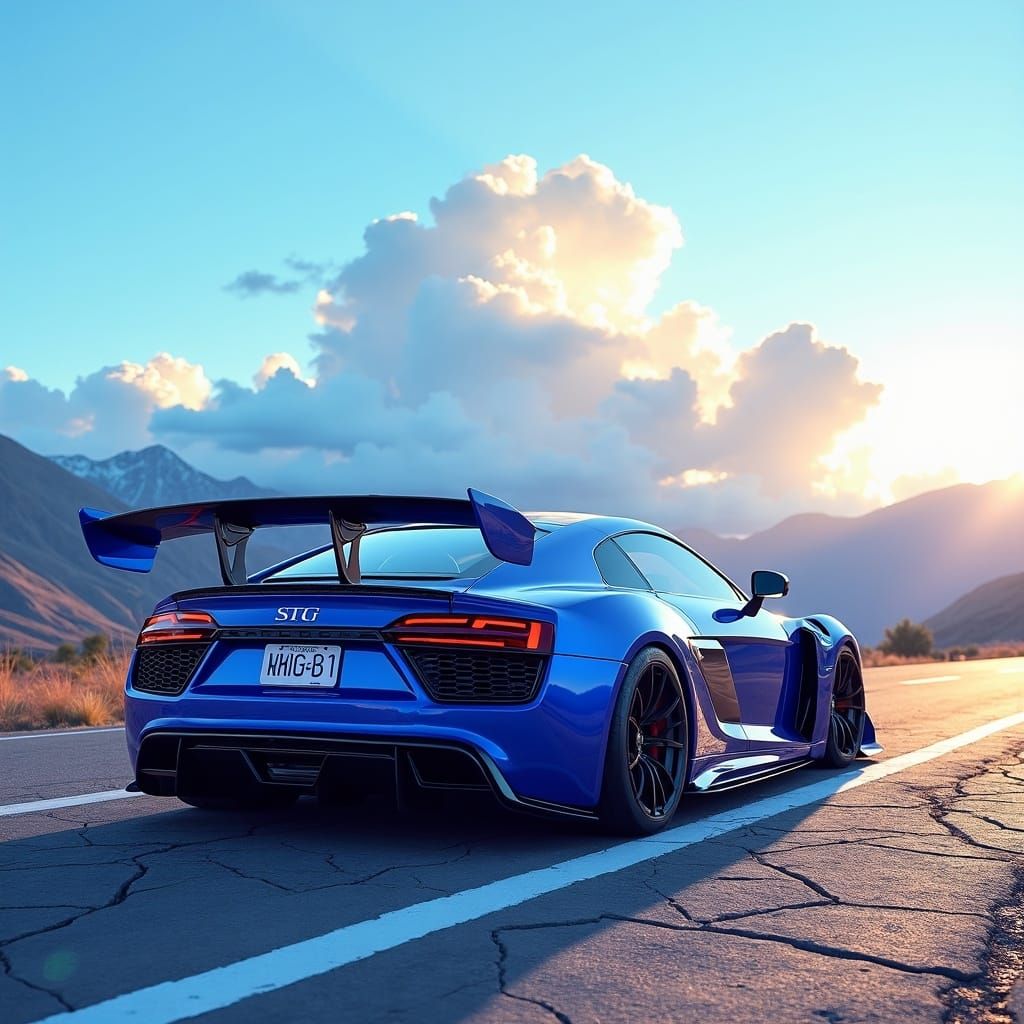 Blue Sports Car on Cracked Road Under Sunrise Mountains