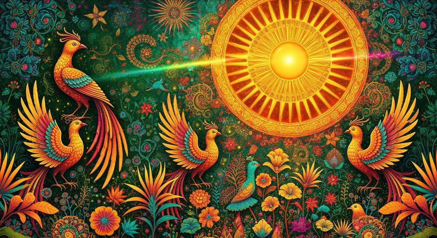 Vibrant Aibrije Folk Art Paradise with Fractal Sun