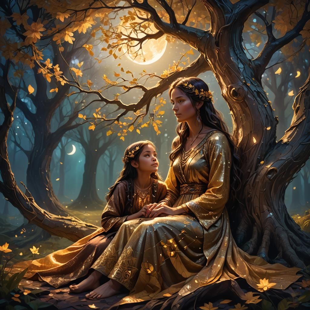 Mystical Forest Scene: Mother and Child Under Glowing Tree