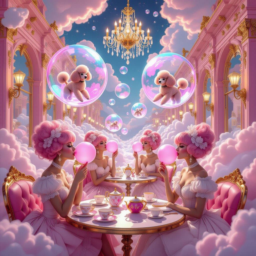 Surreal Rococo Cafe with Floating Tables and Pink-Haired Gir...