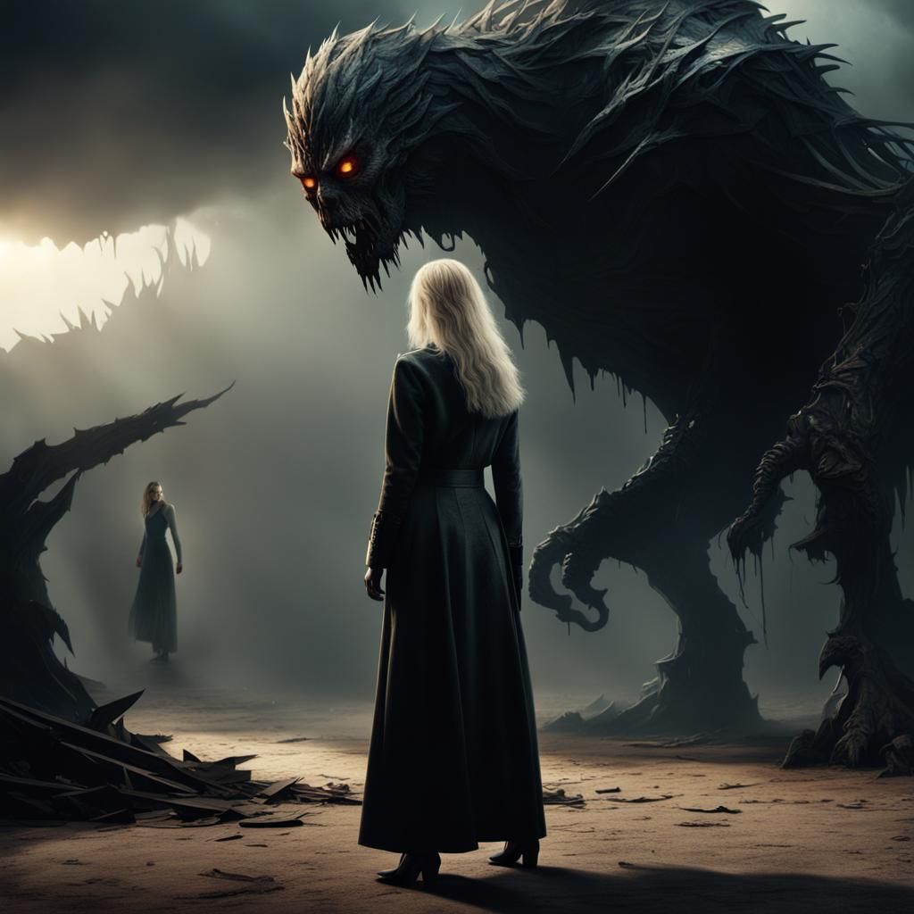 Woman Faces Shadow Creature: Dramatic Digital Painting