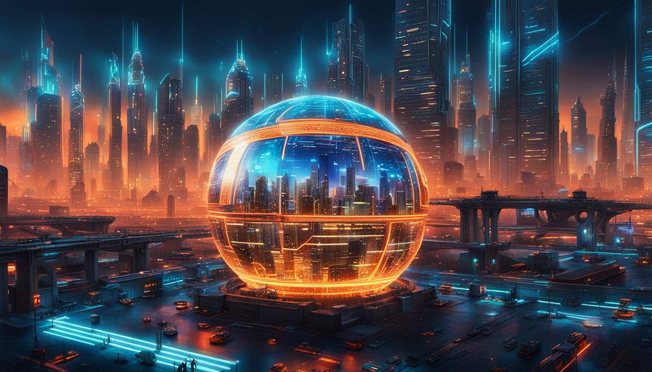 Cyberpunk Glass Orb Reflecting Neon Cityscape