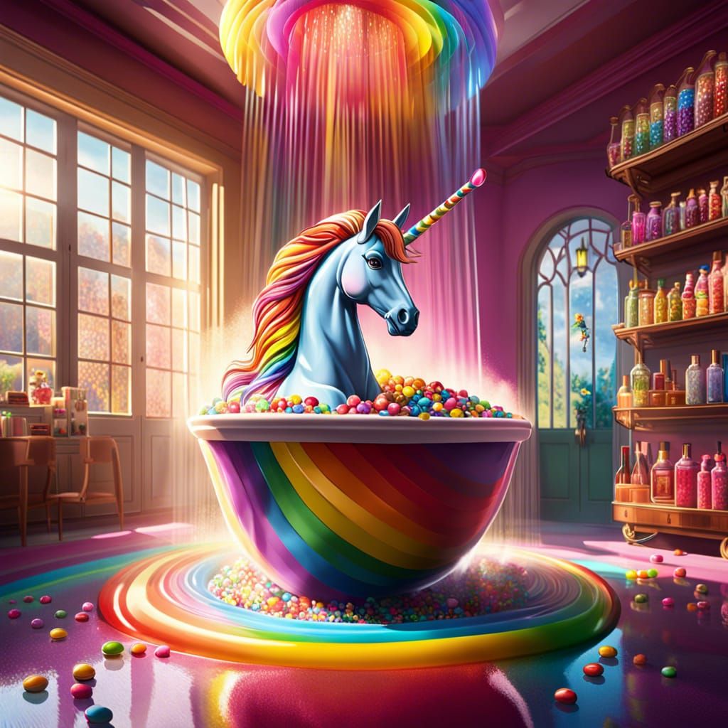 Rainbow Unicorn in Skittles Candy Shower