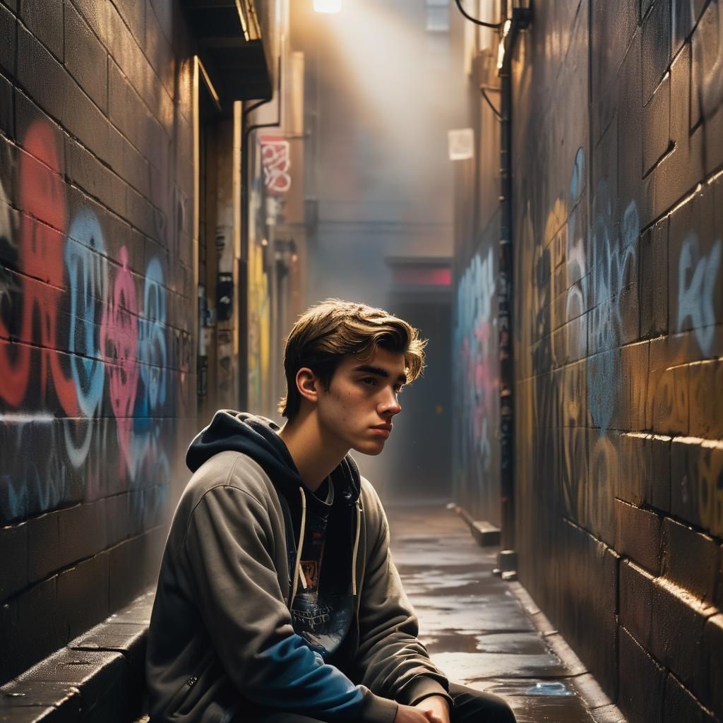 Teenager in Moody Alleyway Atmosphere