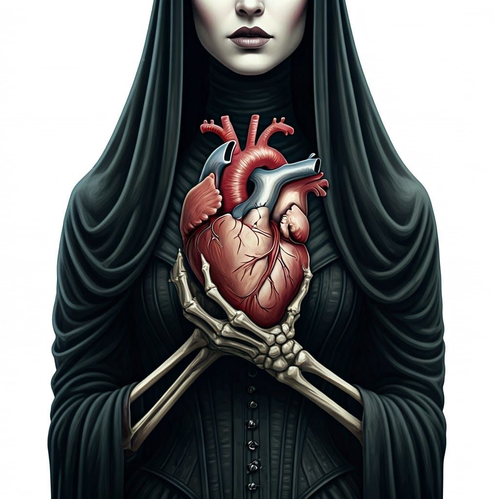 Mysterious Woman Grasps Heart in Gothic Anatomy