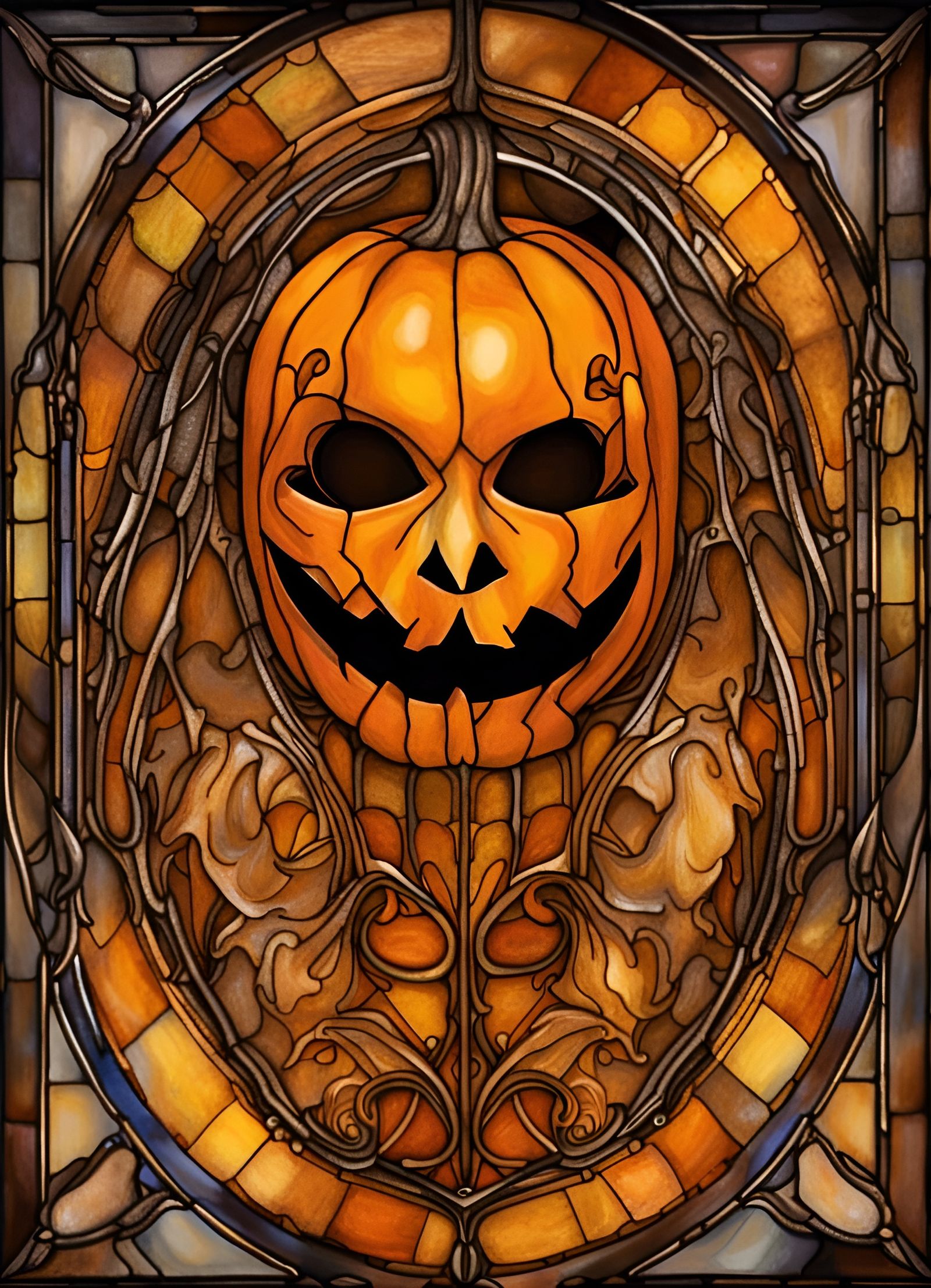 Stained Glass Jack o'Lantern Mask in Watercolor Style