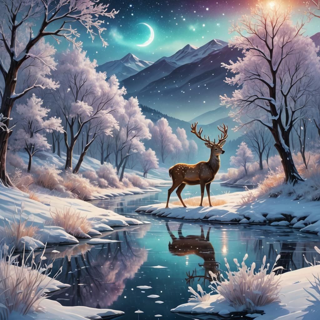 Luminescent Winter Landscape with Ice Flowers in Astral Styl...