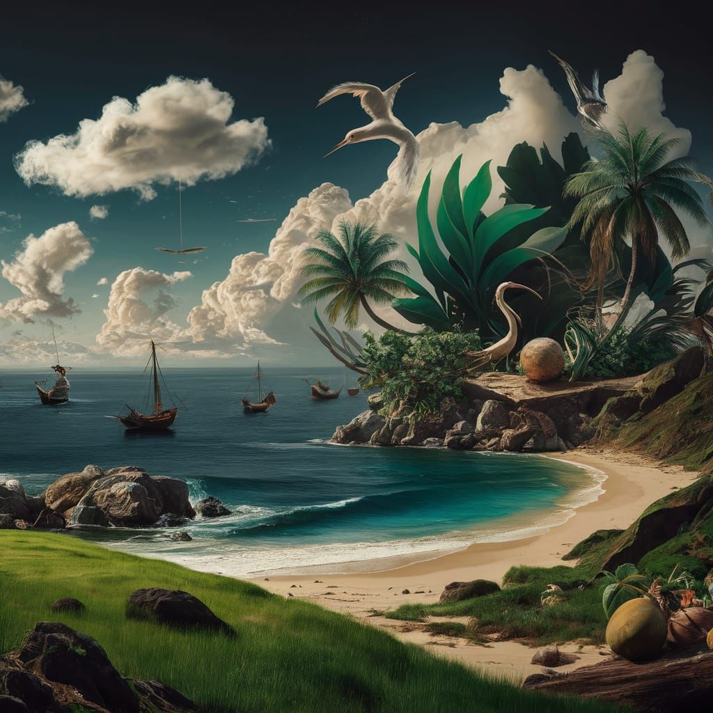 Abstract Coastal Painting with Tropical Elements