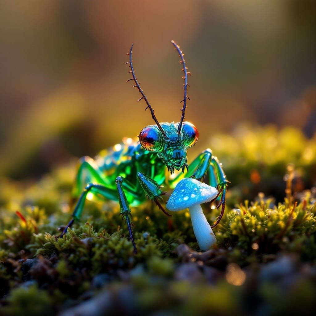 Emerald Mantis-Beetle Hybrid Devouring Mushroom, Oil Paintin...