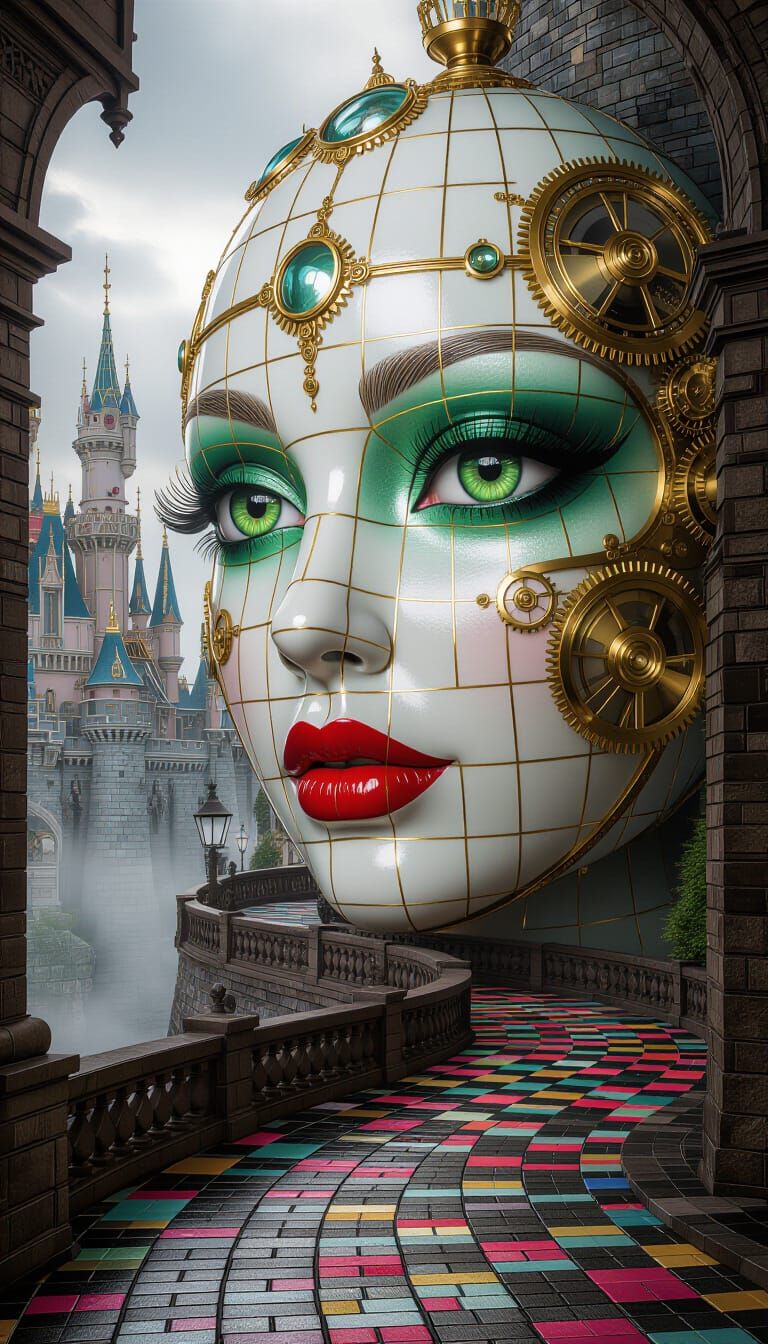 Surreal Steampunk Dreamscape with Giant Female Face