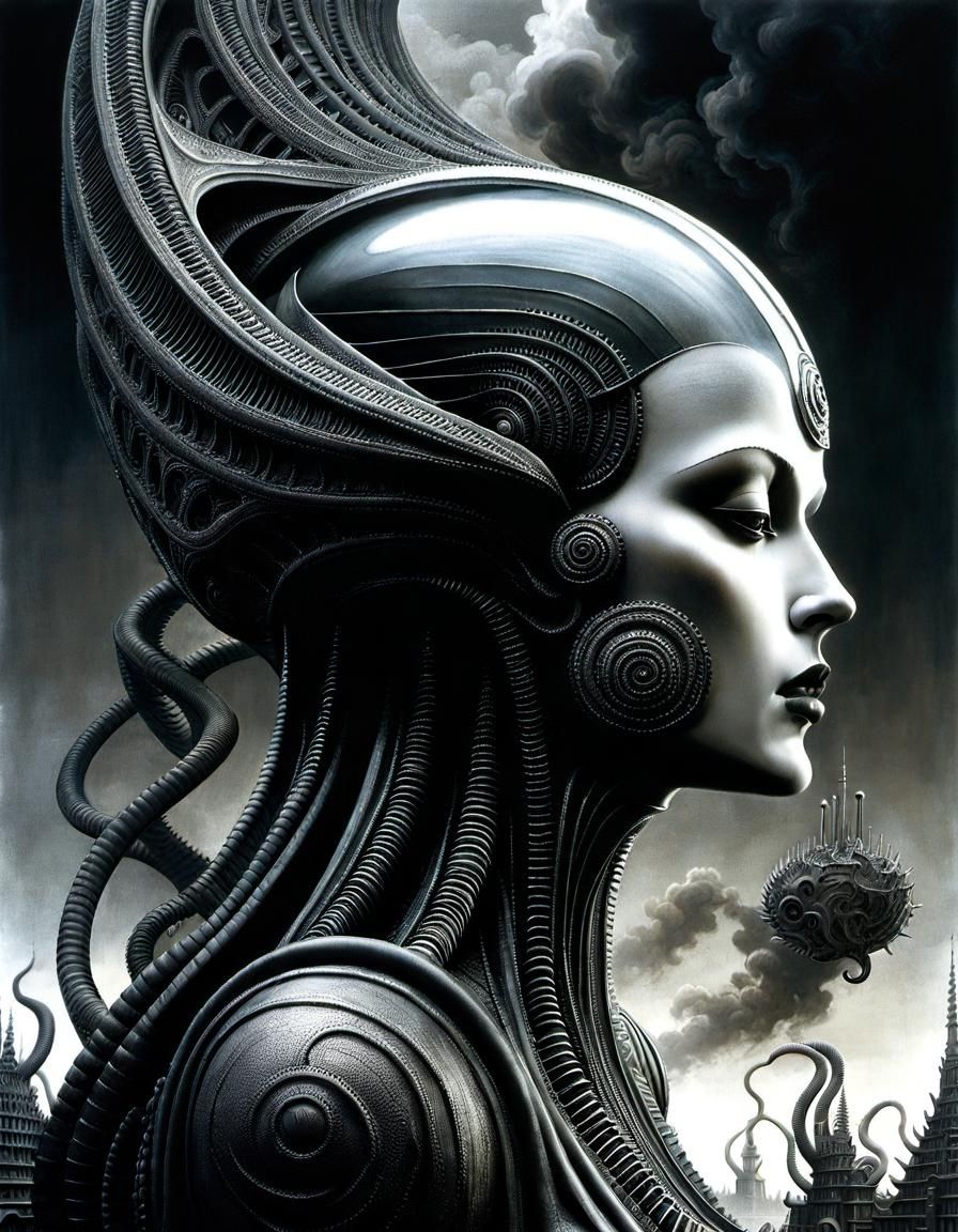 Surreal Skull Face in Giger-Inspired Biomechanical Style