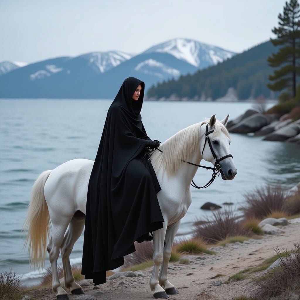 Mysterious Woman on White Horse by Lake Tahoe Coast
