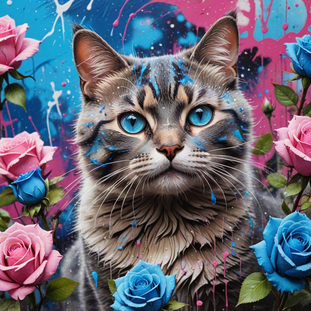 Graffiti Cat Among Vibrant Roses