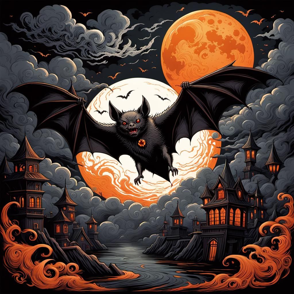 Vampire Bat Ascending Before Ominous Moon