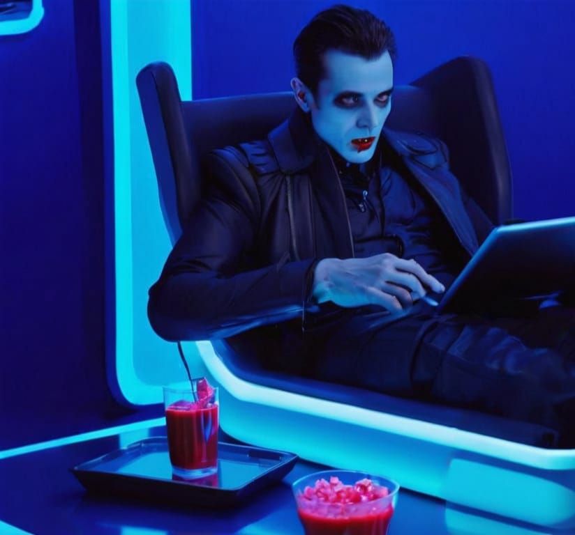 A vampire sitting in a  futuristic floating chair  in a neon blue illuminated futuristic room,
looks at an illuminated T...