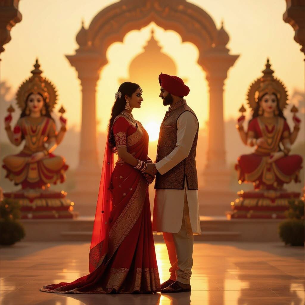 Couple in Silhouette Before Durga Idols in Golden Hour Light