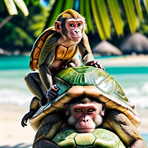 Monkey Rides Turtle on Sunny Beach