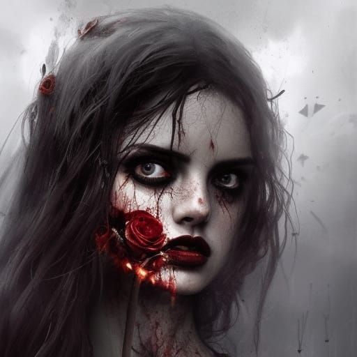 Zombie Bride in Gothic Horror Dungeon with Roses